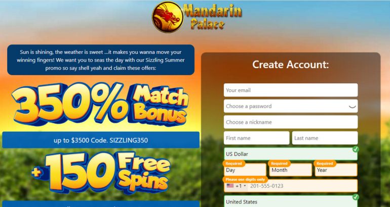 Great 350% Welcome Bonus waiting for you on MandarinPalace today